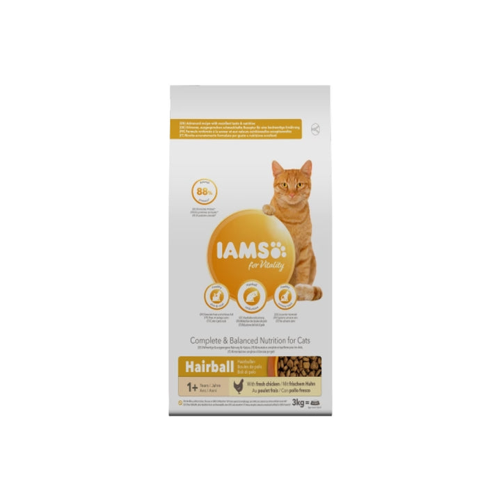 IAMS für Vitality Trockenfutter mit frischem Huhn für ausgewachsene und ältere Katzen (Hairball) in 2 Größen