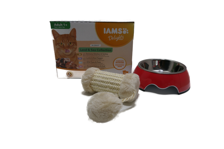 IAMS  Nassfutter für Katzen incl. Napf und Spielzeug