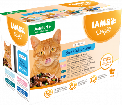 IAMS Nassfutter für ausgewachsene Katzen mit unterschiedlichen Fleischaromen – Meereskollektion in Sauce (Adult 1+)