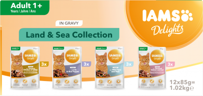 IAMS  Nassfutter für ausgewachsene Katzen mit unterschiedlichen Fleisch- und Fischaromen – Land- und Meereskollektion in Gelee (Adult 1+)
