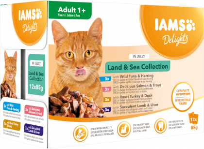 IAMS  Nassfutter für ausgewachsene Katzen mit unterschiedlichen Fleisch- und Fischaromen – Land- und Meereskollektion in Sauce (Adult 1+)