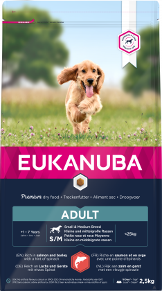 EUKANUBA trockene Hundefutterkroketten für ausgewachsene Hunde kleiner und mittelgroßer Rassen, reich an Lachs und Gerste