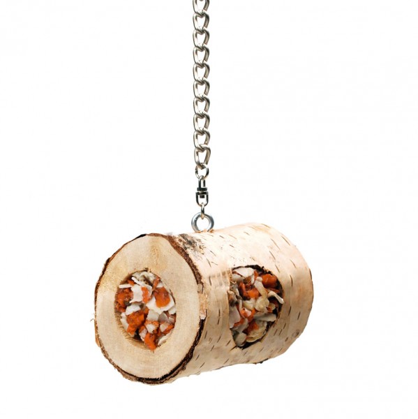 Knabberrolle aus Holz mit Kokos und Karotten für Papageien