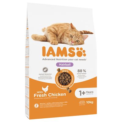 IAMS für Vitality Trockenfutter mit frischem Huhn für ausgewachsene und ältere Katzen (Hairball) in 2 Größen