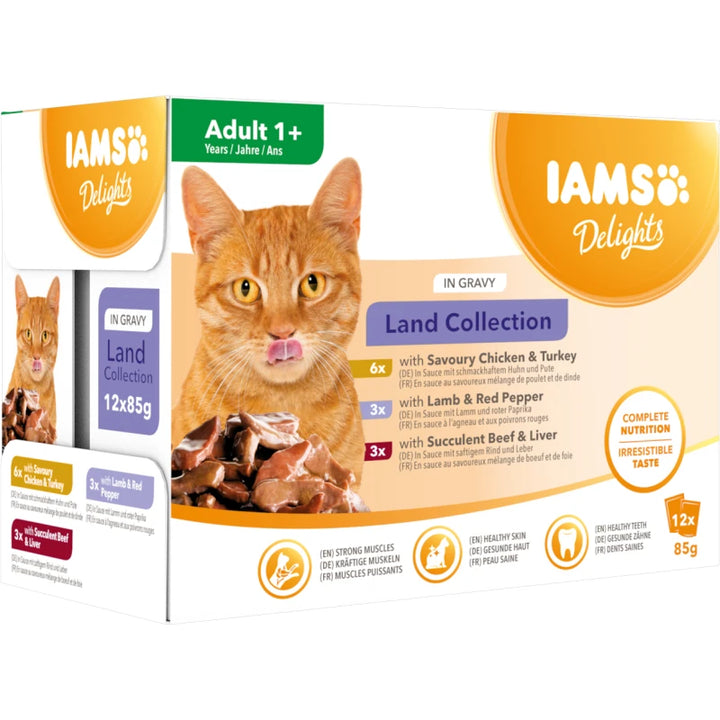 IAMS  Nassfutter  für ausgewachsene Katzen mit unterschiedlichen Fleischaromen – Landkollektion in Sauce (Adult 1+)