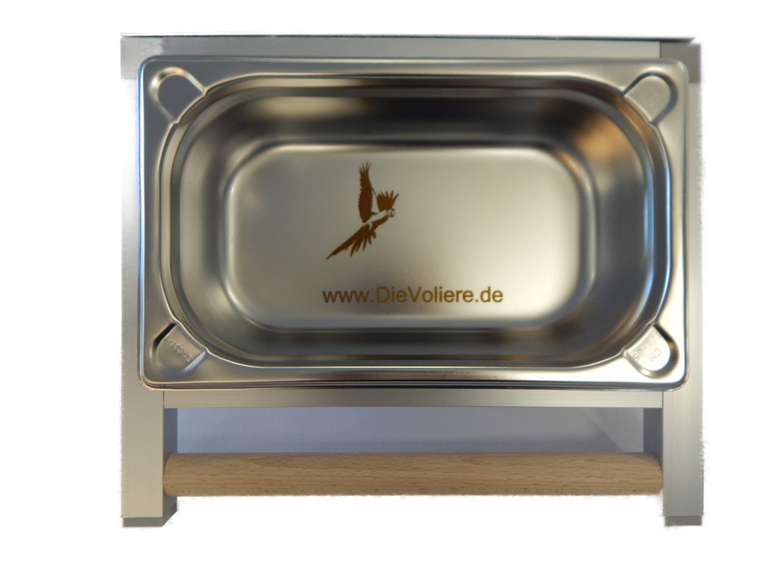 Edelstahlwanne mit Sitzstange zur Drahtmontage klein für Sittiche