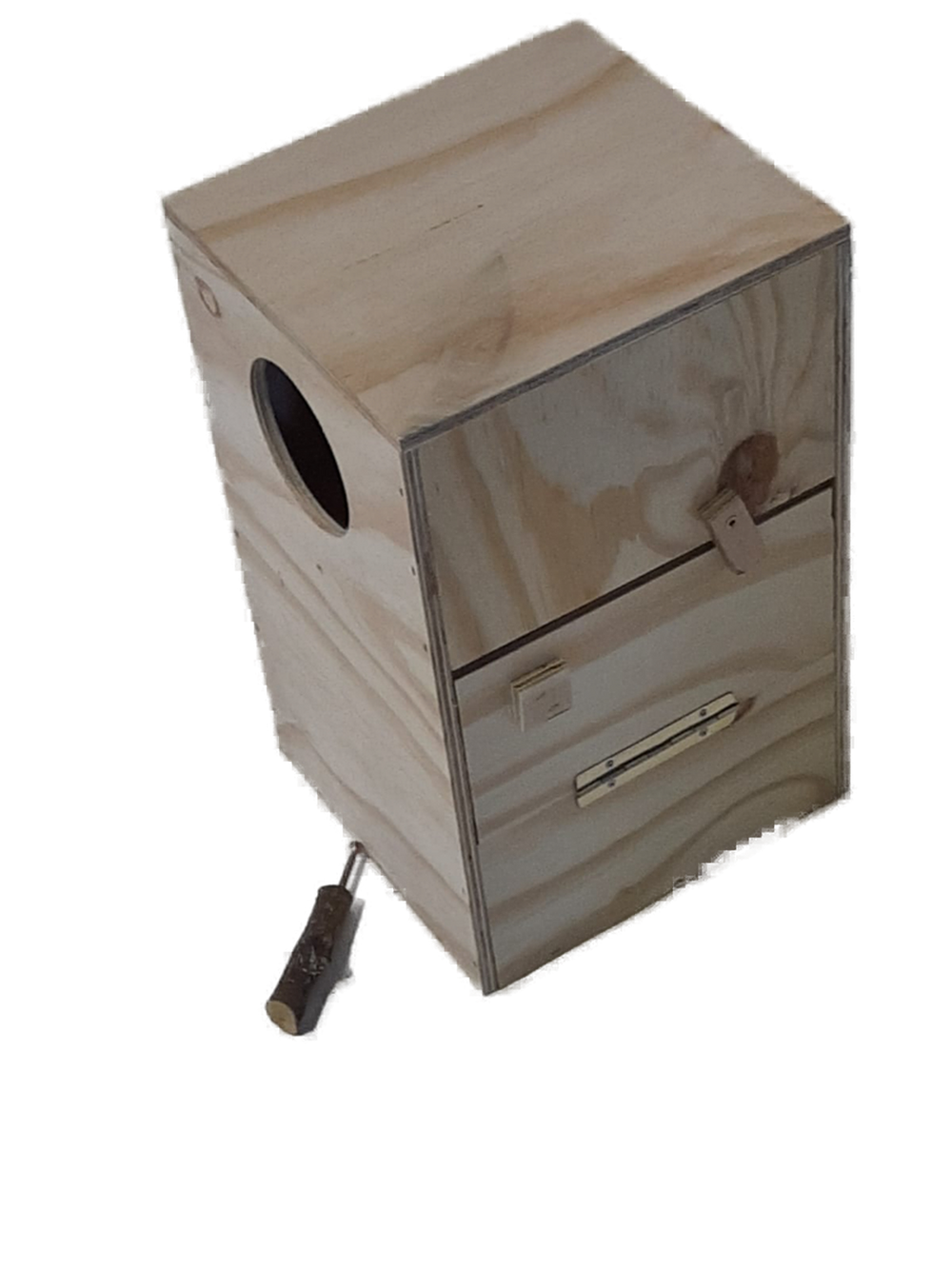 Graupapagei Nistkasten 23×25×40 cm mit Einschlupfloch Ø 9,5 cm und Kontrollklappe.