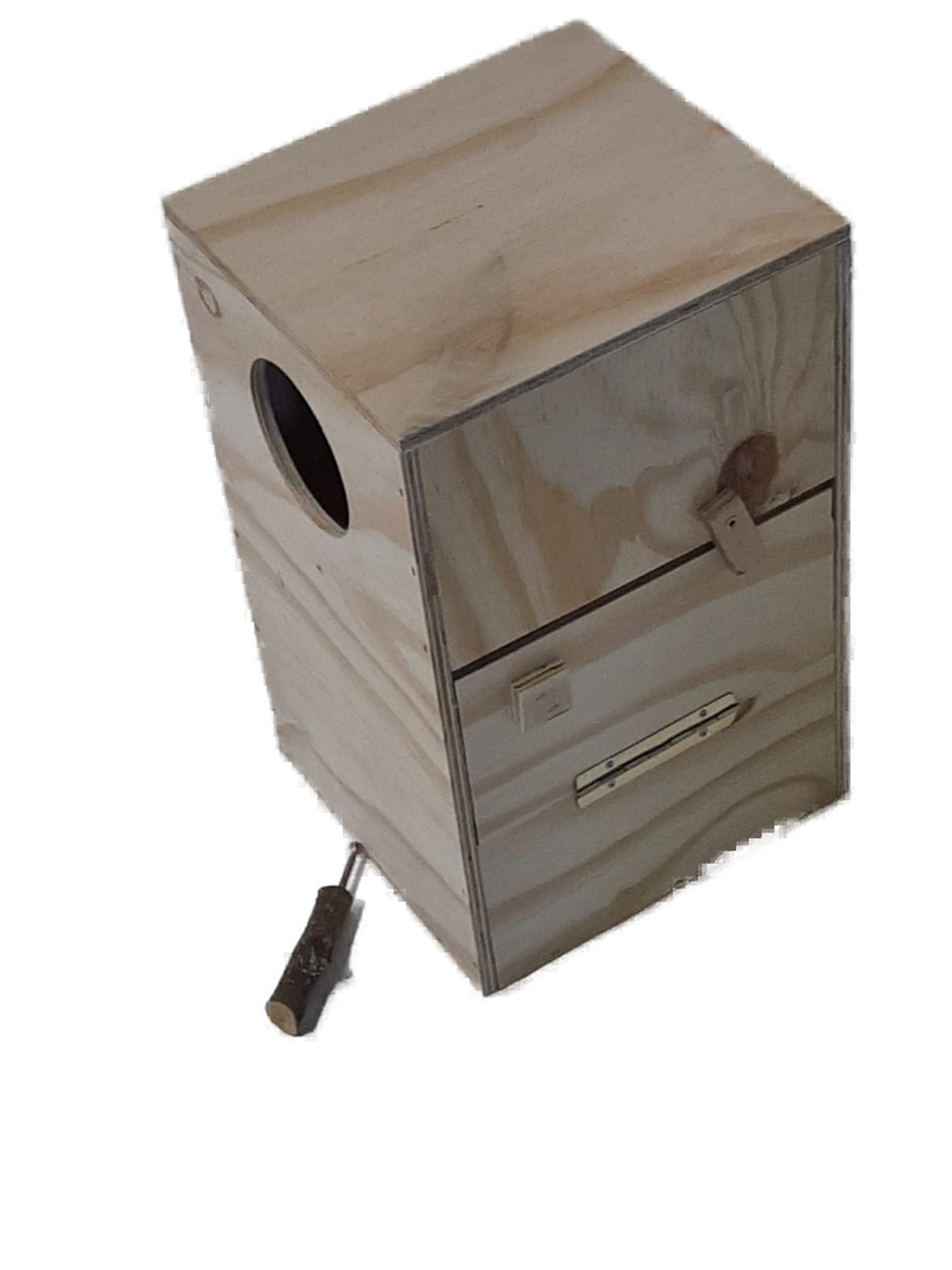 Graupapagei Nistkasten 23×25×40 cm mit Einschlupfloch Ø 9,5 cm und Kontrollklappe.