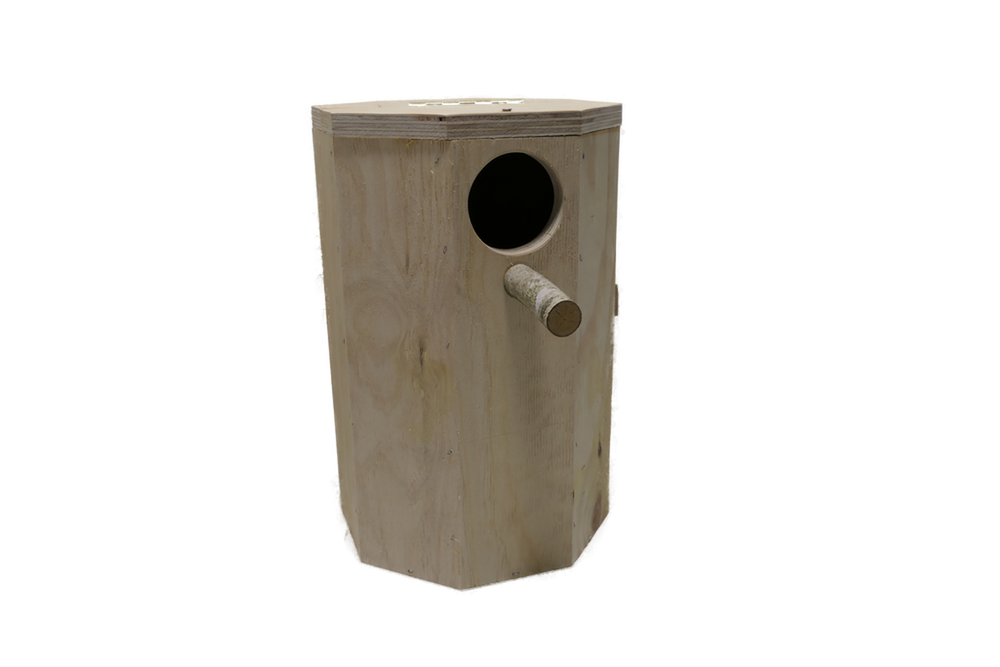 Großer 8-Eck Nistkasten 25×40 cm mit Einschlupfloch Ø 6 cm, aufklappbarem Deckel und Kontrollklappe.