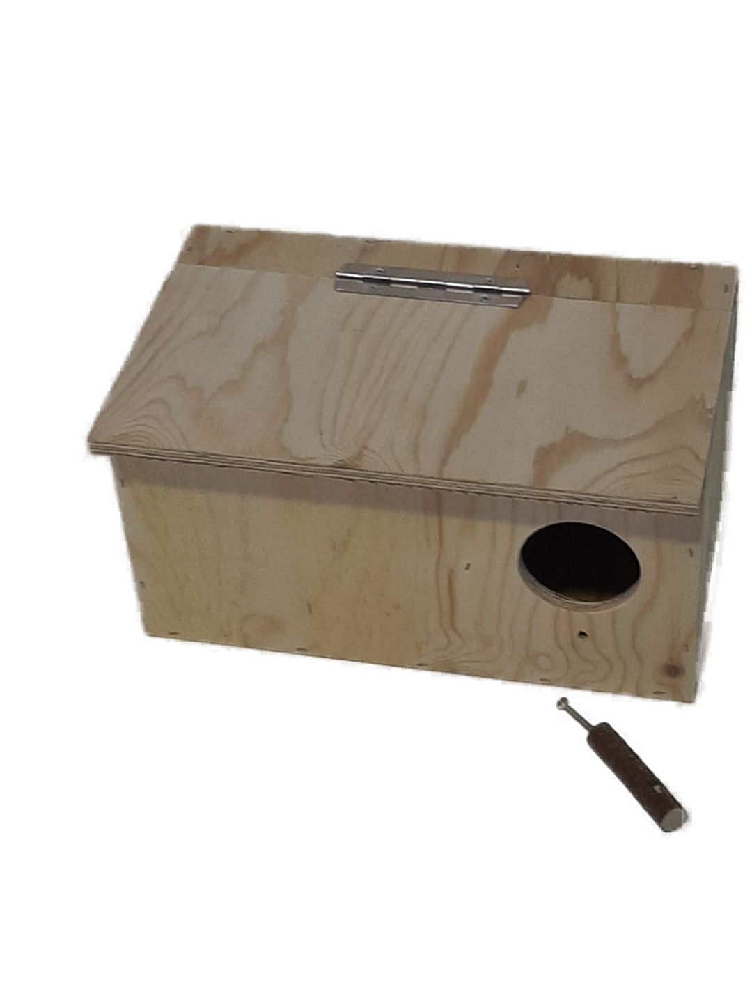 Nistkasten Nr. 2 für Katharinasittiche mit Trennwand und Anflugstange aus Naturholz.