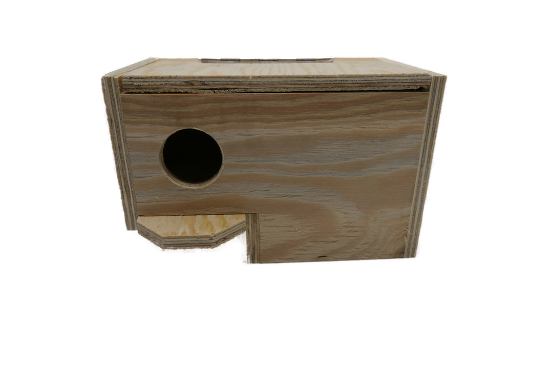 Sperlingspapagei Nistkasten 20×12×13 cm mit Einschlupfloch Ø 4 cm, Öffnung links.
