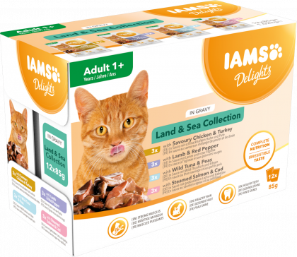 IAMS  Nassfutter für ausgewachsene Katzen mit unterschiedlichen Fleisch- und Fischaromen – Land- und Meereskollektion in Gelee (Adult 1+)