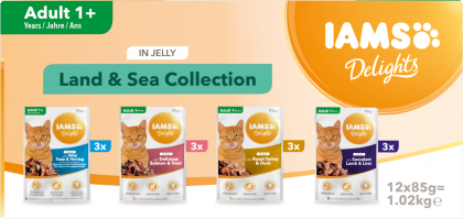IAMS  Nassfutter für ausgewachsene Katzen mit unterschiedlichen Fleisch- und Fischaromen – Land- und Meereskollektion in Sauce (Adult 1+)