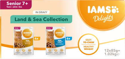 IAMS Nassfutter für ältere Katzen mit unterschiedlichen Fleisch- und Fischaromen – Land- & Meereskollektion in Sauce  (Senior 7+)