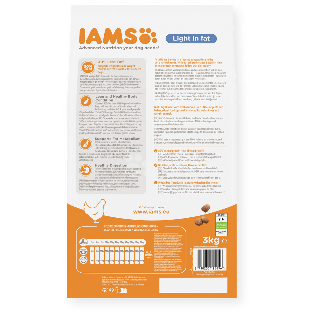 IAMS Trockenfutter Fettarm für ausgewachsene Hunde aller Rassen mit frischem Huhn
