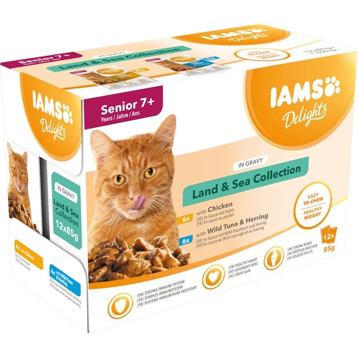 IAMS Nassfutter für ältere Katzen mit unterschiedlichen Fleisch- und Fischaromen – Land- & Meereskollektion in Sauce  (Senior 7+)