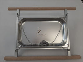 Edelstahlwanne schwingend groß für Großpapageien mit Edelstahlkette