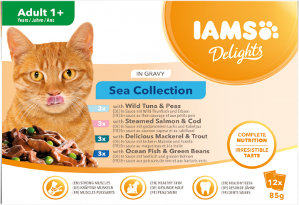 IAMS Nassfutter für ausgewachsene Katzen mit unterschiedlichen Fleischaromen – Meereskollektion in Sauce (Adult 1+)
