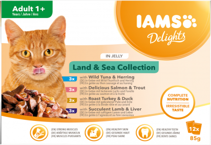 IAMS  Nassfutter für ausgewachsene Katzen mit unterschiedlichen Fleisch- und Fischaromen – Land- und Meereskollektion in Gelee (Adult 1+)