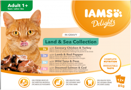 IAMS  Nassfutter für ausgewachsene Katzen mit unterschiedlichen Fleisch- und Fischaromen – Land- und Meereskollektion in Sauce (Adult 1+)