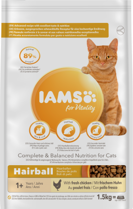 IAMS für Vitality Trockenfutter mit frischem Huhn für ausgewachsene und ältere Katzen (Hairball) 3 Kg incl. Napf und Behälter